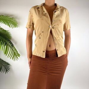 Vintage Y2K Silk Tan Floral Cottagecore Boho Fairycore Button Up Shirt / Sz: 10